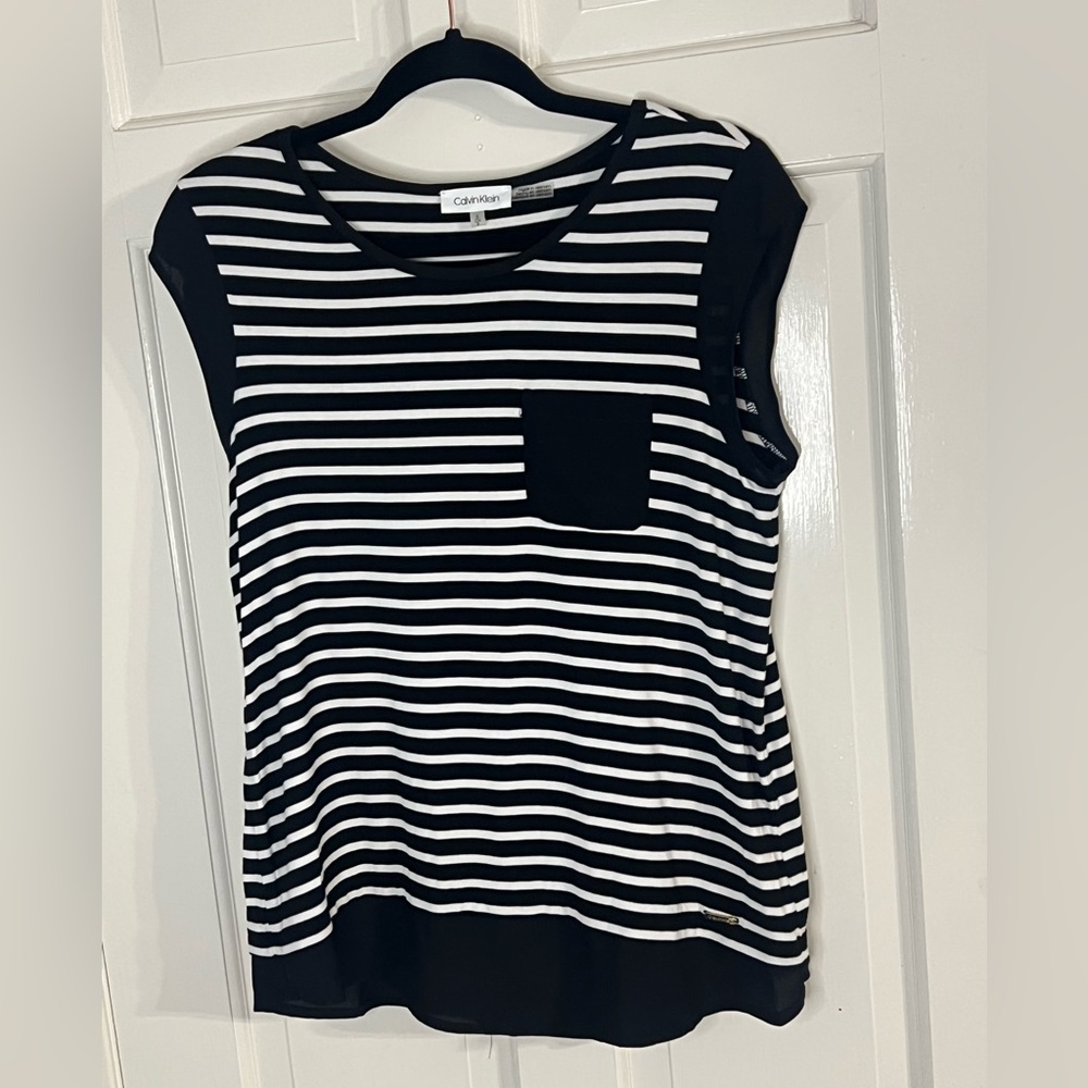 Calvin Klein Women's Black and White Striped Muscle Tee